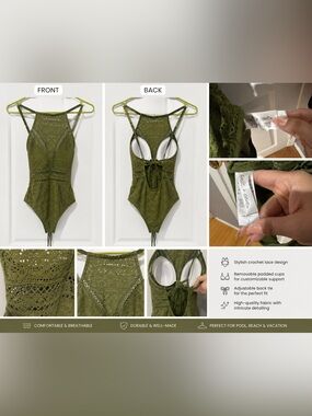 Salt + Cove Olive Green Crochet Lace One Piece Swimsuit Size Large